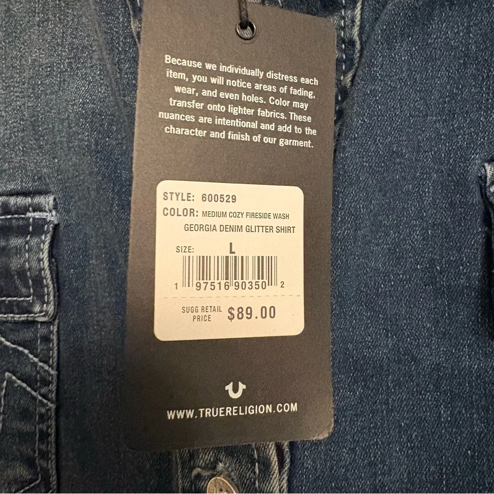 True Religion Georgia Denim Glitter button Shirt Cozy Fireside Wash Large - Picture 8 of 10